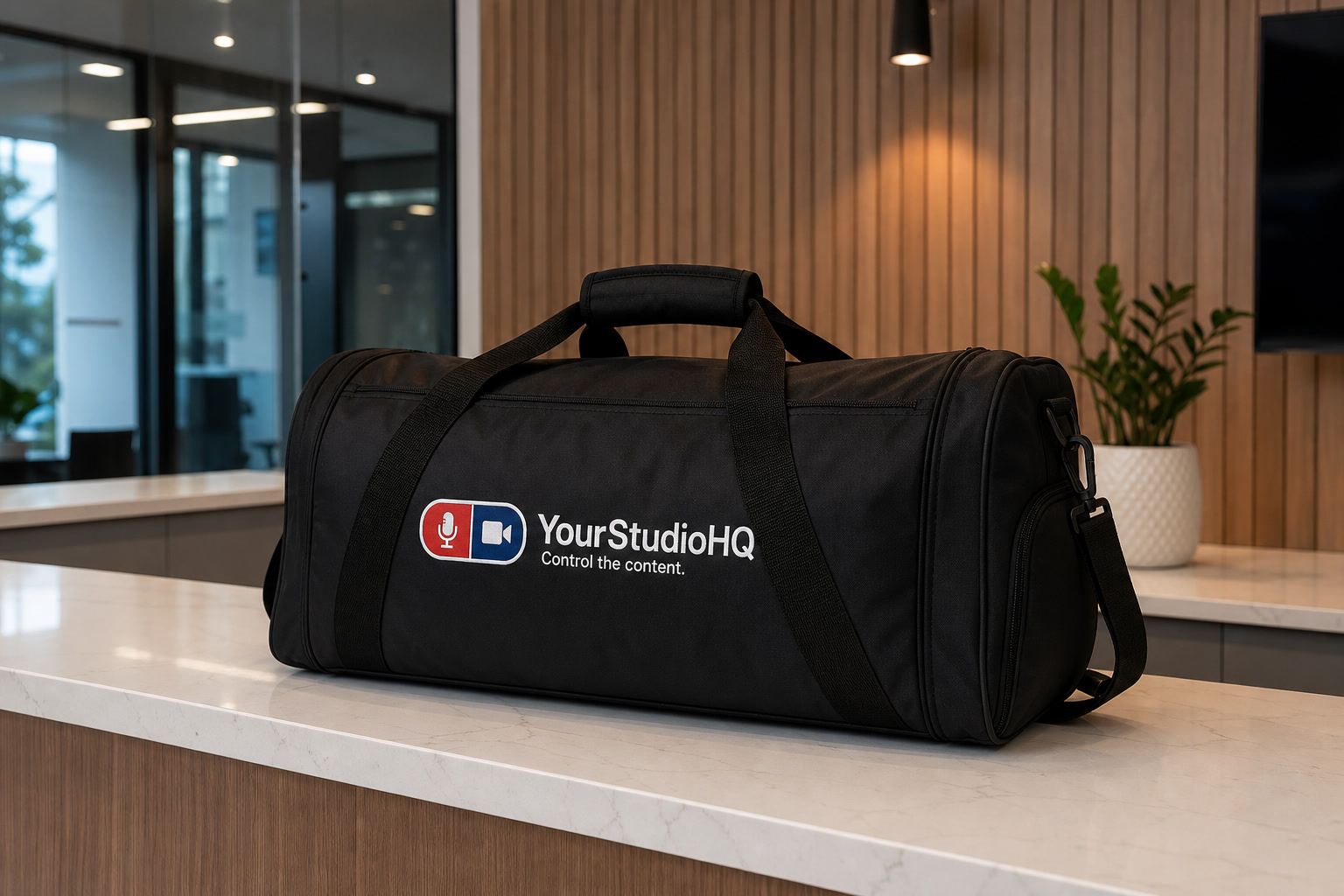 YourStudioHQ duffel on an office counter — Arrival