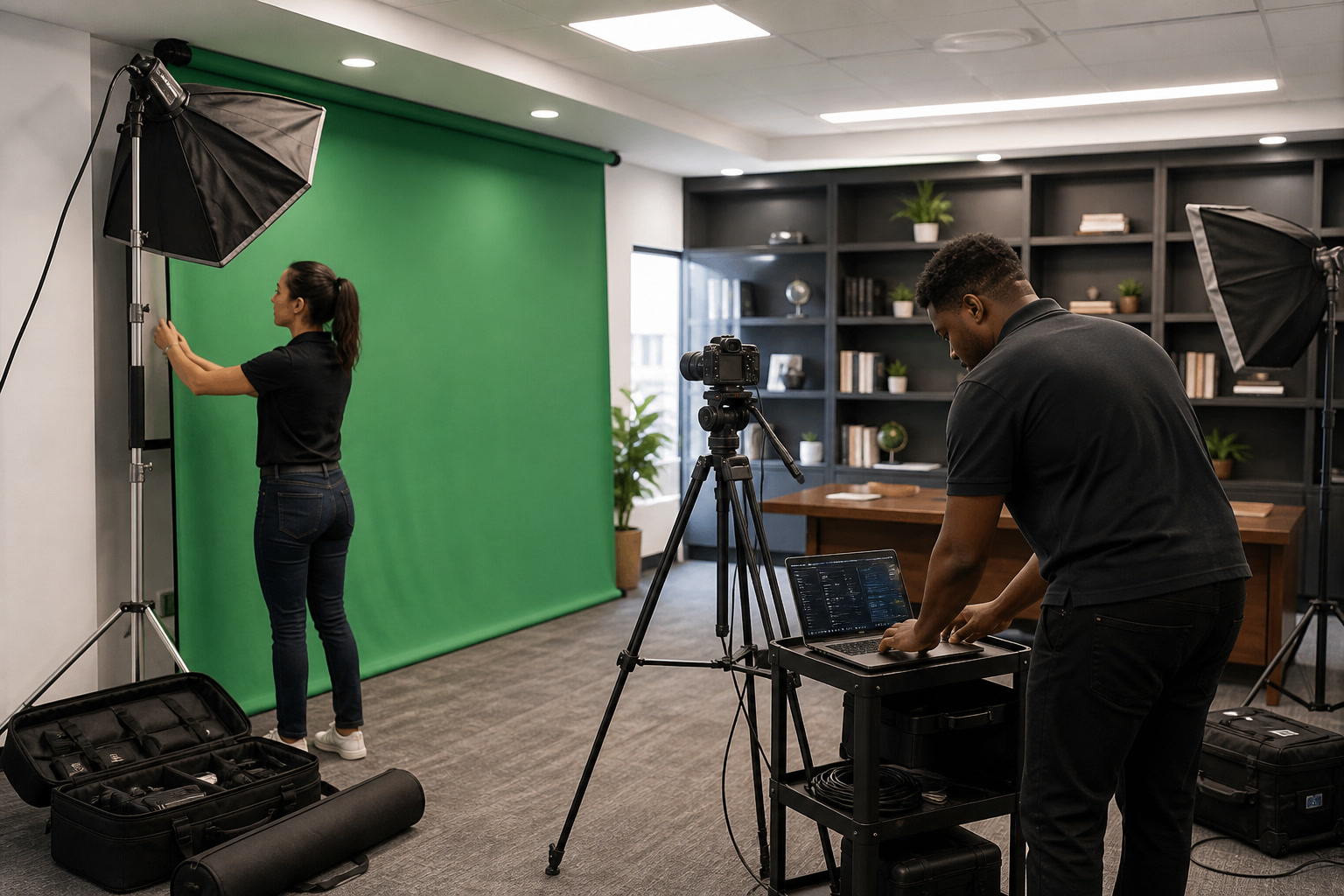 Install crew setting a green screen, lights, and camera in an office